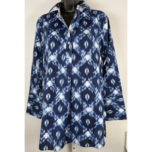 Chico’s Size 1 Blue Ikat Button Front Tunic Top Cotton Stretch 8/10